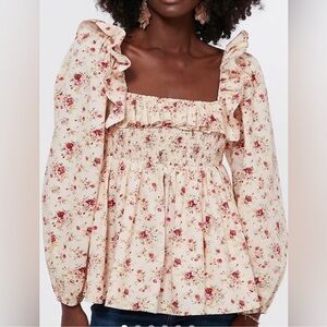 Hyacinth House Top Smocked Cream Floral Ruffle Puff Sleeve Lined Size Medium